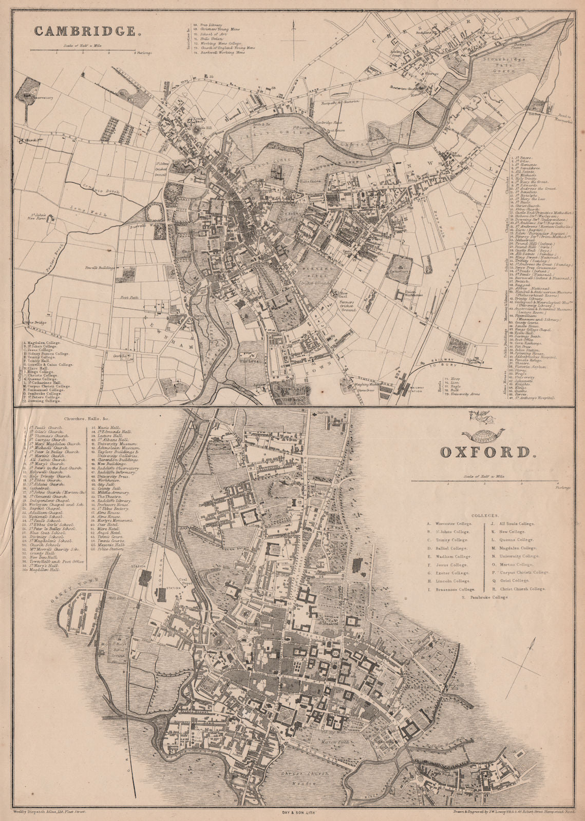 OXFORD & CAMBRIDGE. Town/city plan by JW LOWRY for the Dispatch Atlas 1862 map